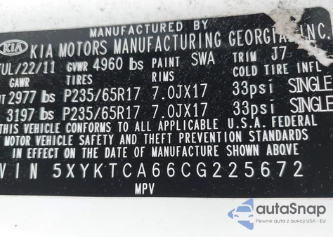 2012 Kia Sorento Lx из США, поврежденный, VIN 5XYKTCA66CG225672